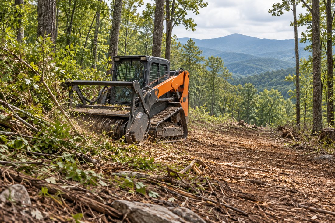 a machine clearing brush on a wooded lot