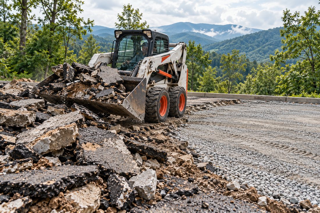 a skid steer removing broken asphalt
