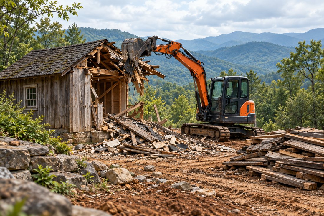 an excavator dismantling a small outbuilding