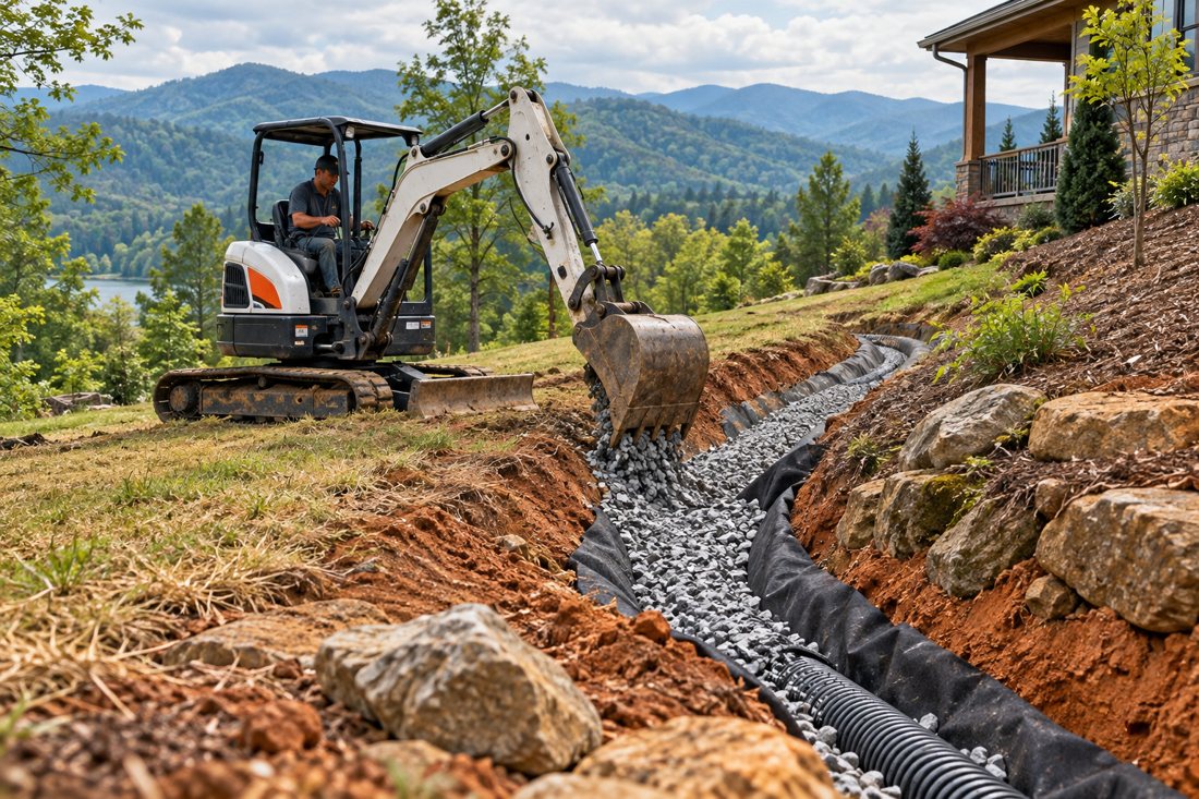 a gravel drain beside a sloped yard