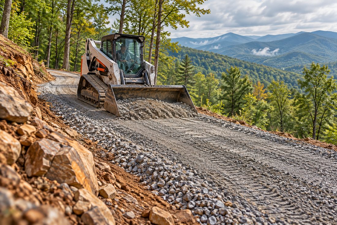 a skid steer repairing a gravel driveway