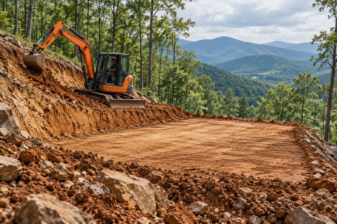 an excavator grading a house pad