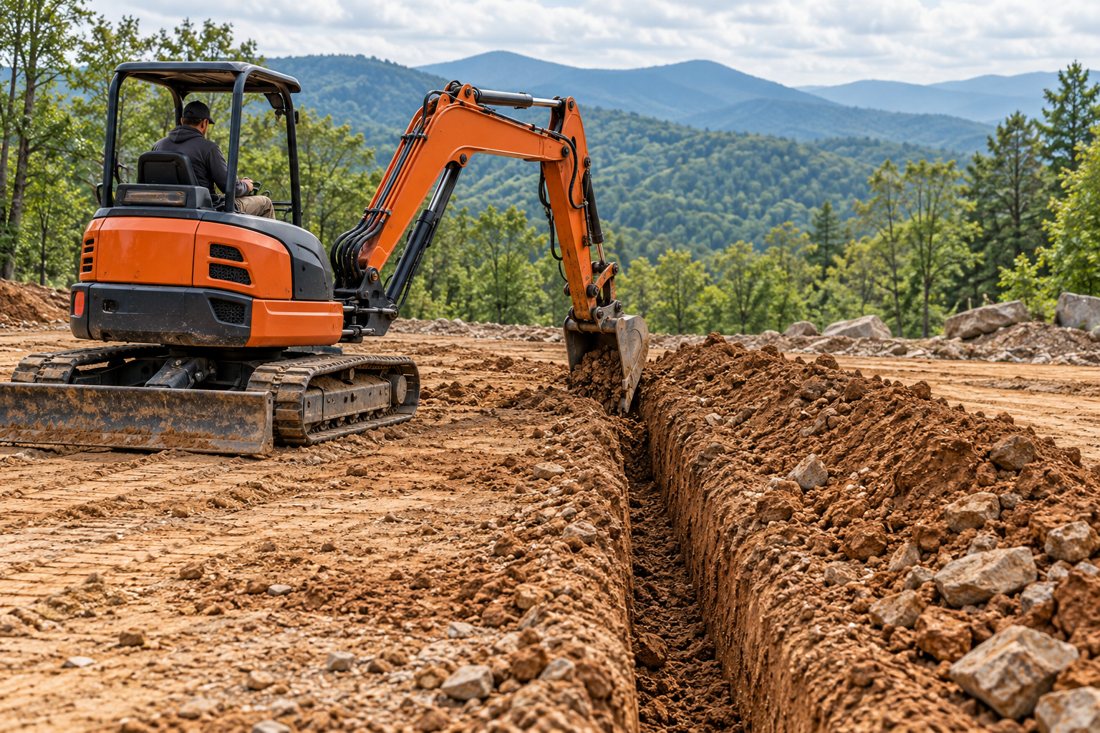 an excavator digging a utility trench